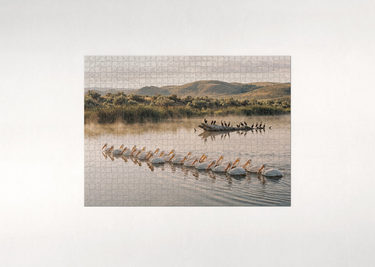 White Pelicans on the Morning Lake jigsaw puzzle - flat puzzle
