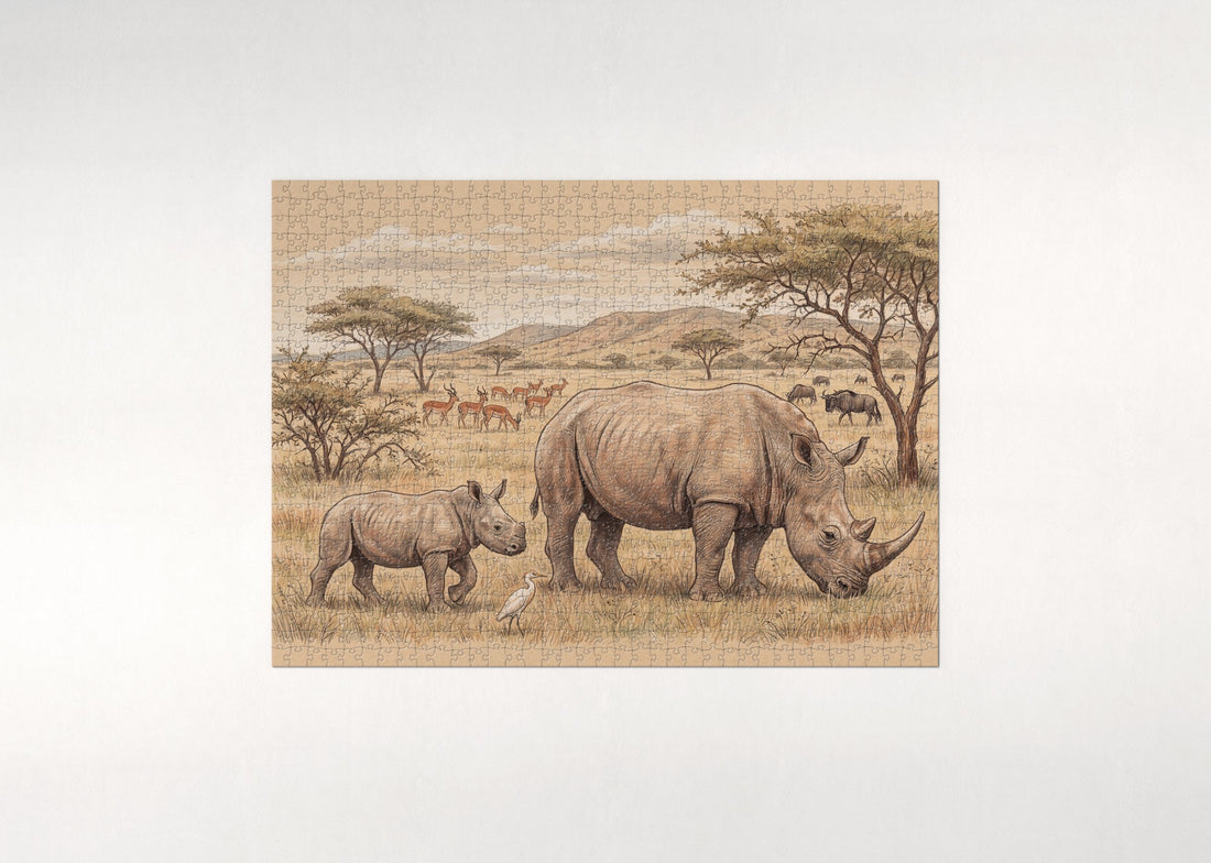 White Rhino and Calf on the Plains jigsaw puzzle - gift box