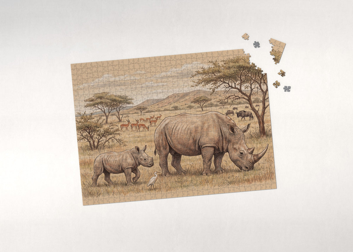 White Rhino and Calf on the Plains jigsaw puzzle - puzzle with loose pieces