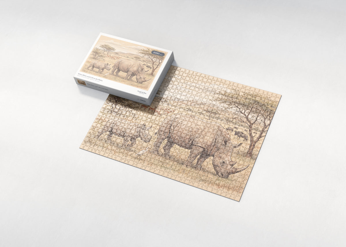 White Rhino and Calf on the Plains jigsaw puzzle - box and puzzle