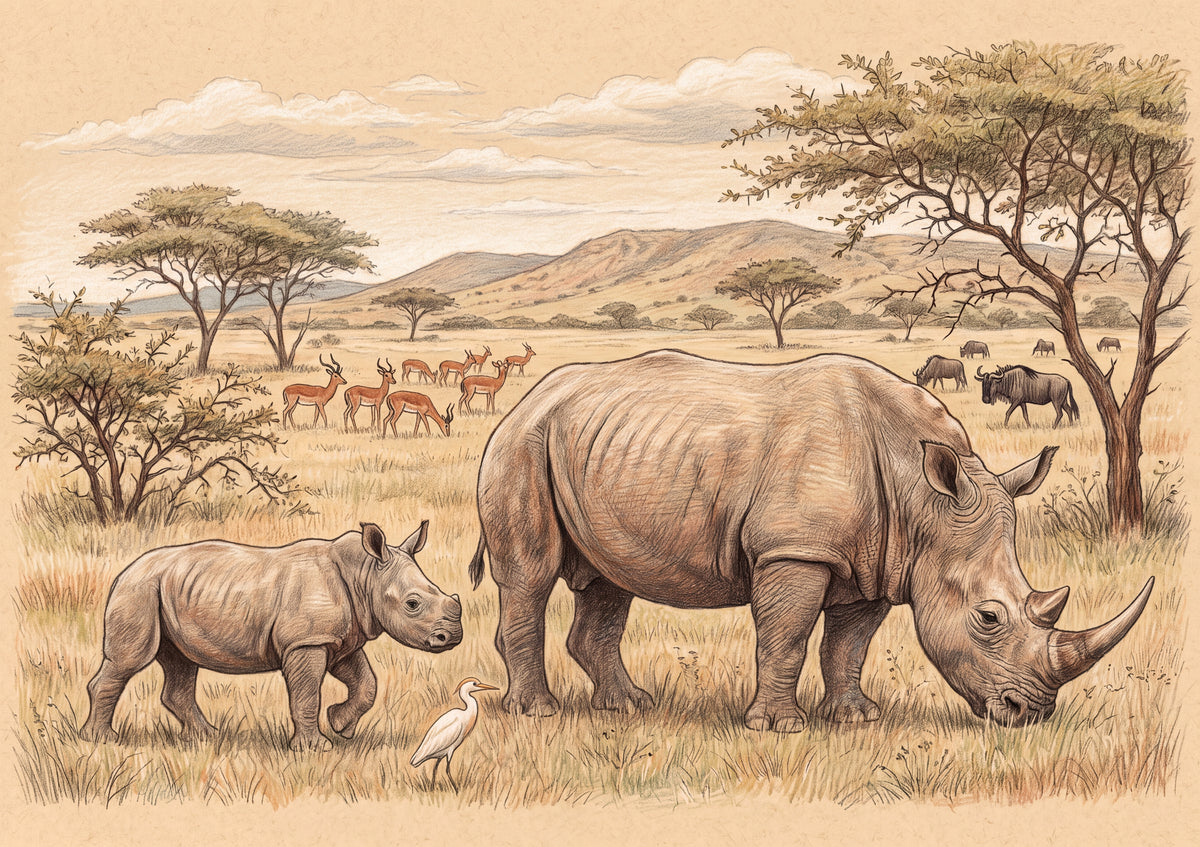White Rhino and Calf on the Plains jigsaw puzzle