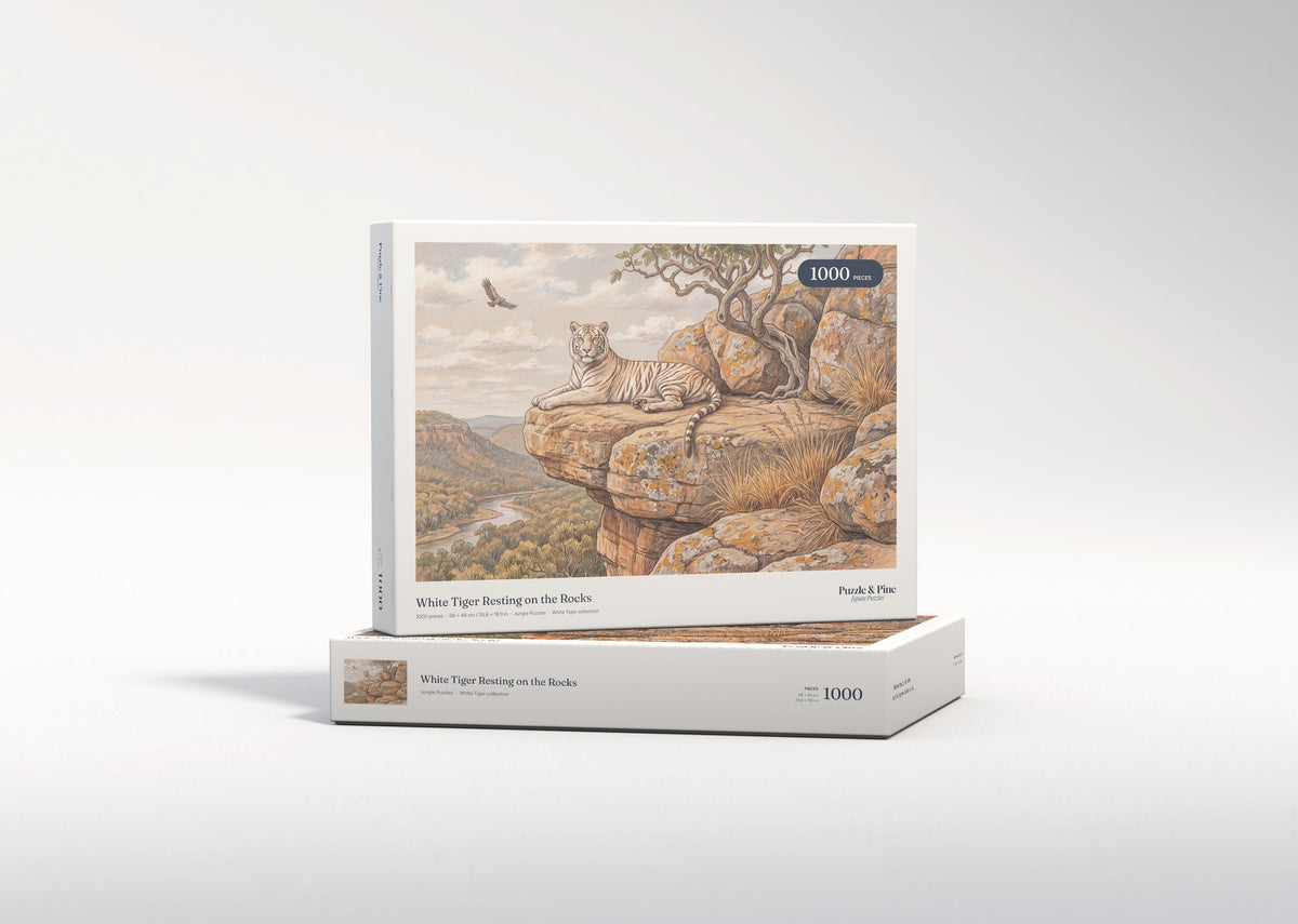 White Tiger Resting on the Rocks jigsaw puzzle - gift box