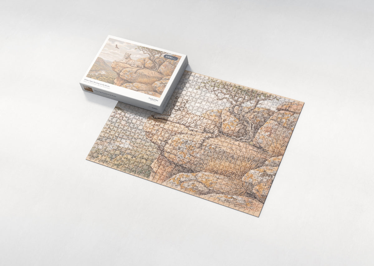 White Tiger Resting on the Rocks jigsaw puzzle - box and puzzle