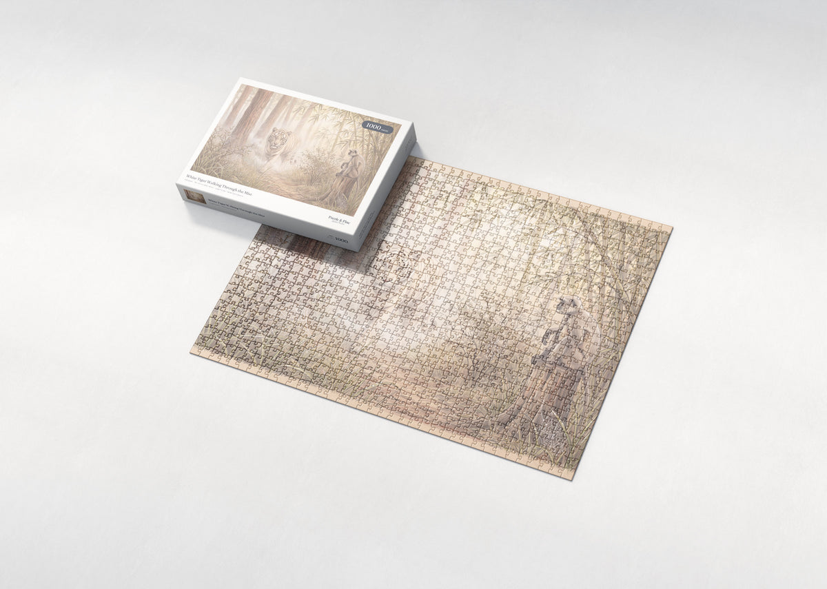 White Tiger Walking Through the Mist jigsaw puzzle - box and puzzle