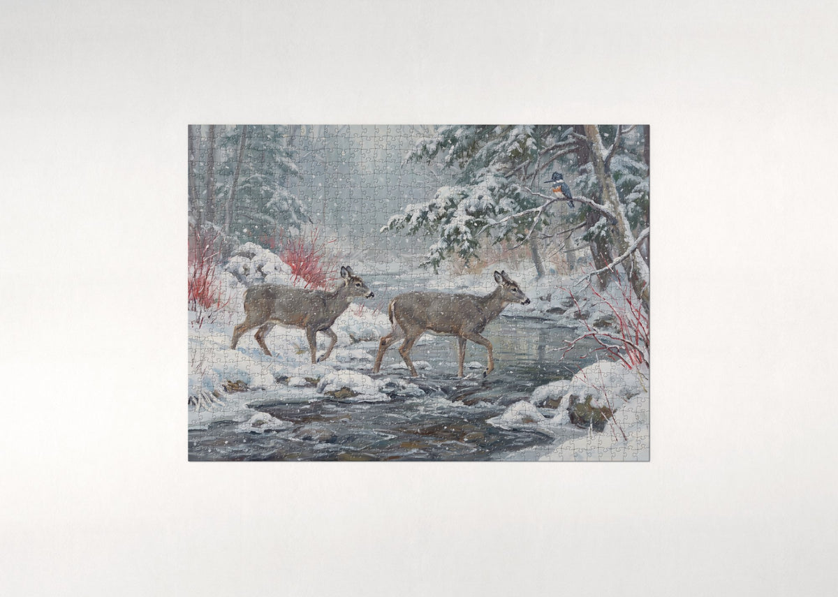Whitetail Deer at the Snowy Creek jigsaw puzzle - flat puzzle