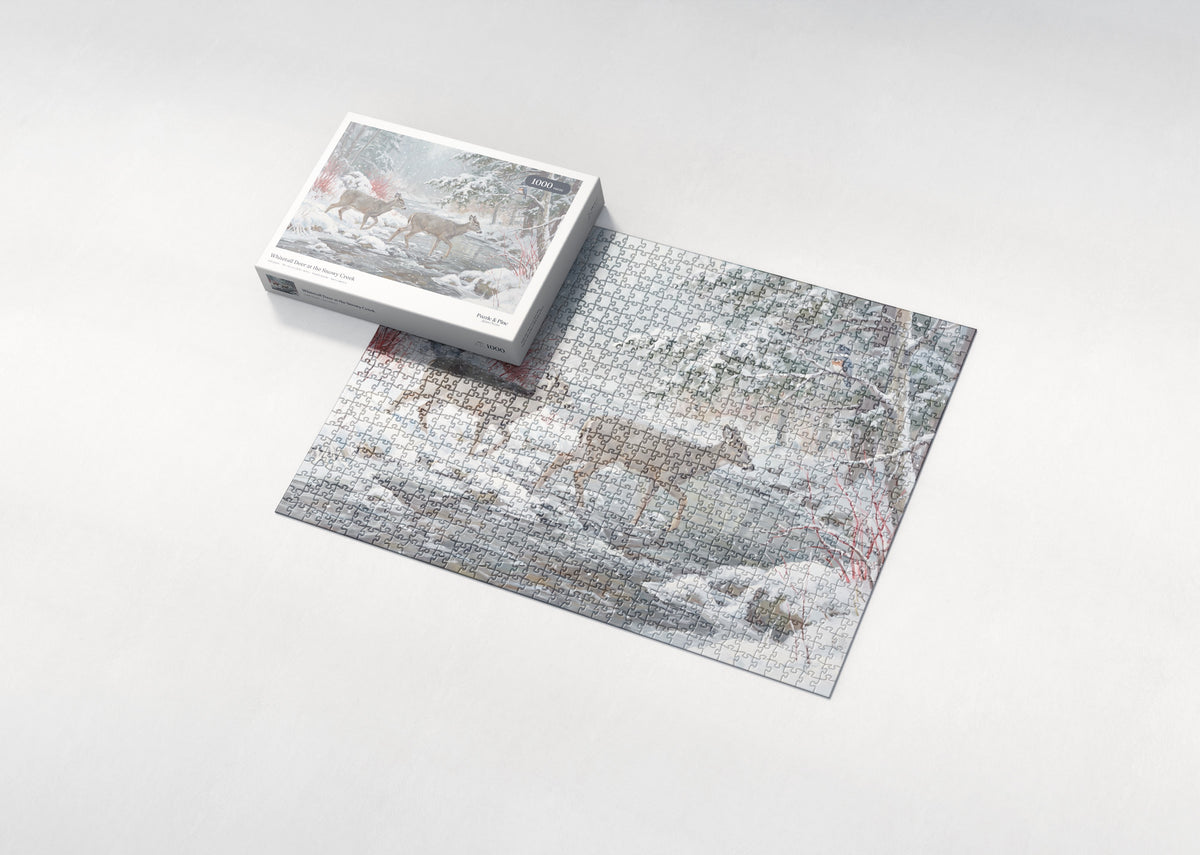 Whitetail Deer at the Snowy Creek jigsaw puzzle - box and puzzle