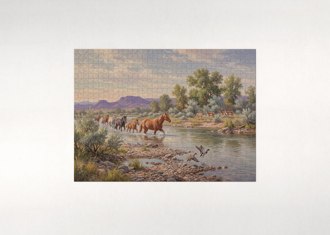 Wild Horses Crossing the Sagebrush River jigsaw puzzle - gift box