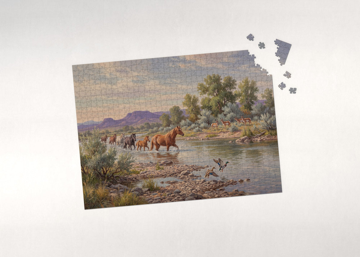 Wild Horses Crossing the Sagebrush River jigsaw puzzle - puzzle with loose pieces
