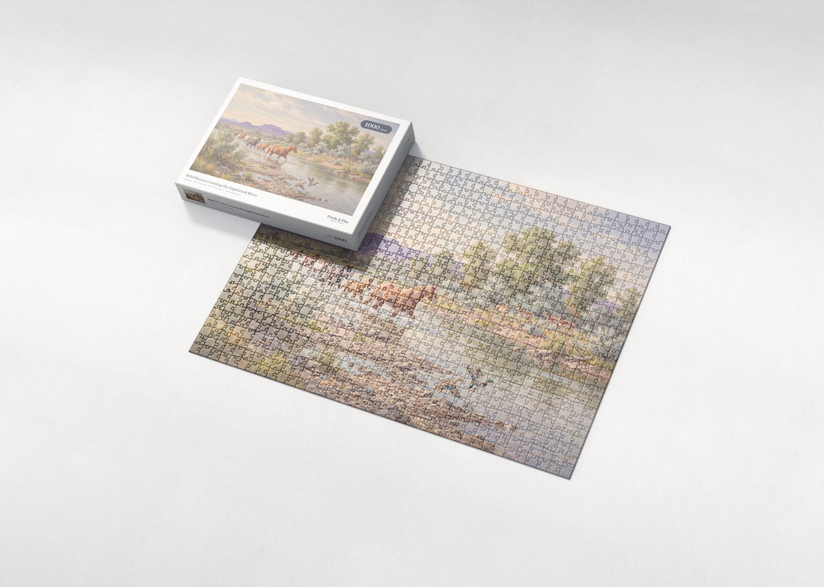 Wild Horses Crossing the Sagebrush River jigsaw puzzle - box and puzzle