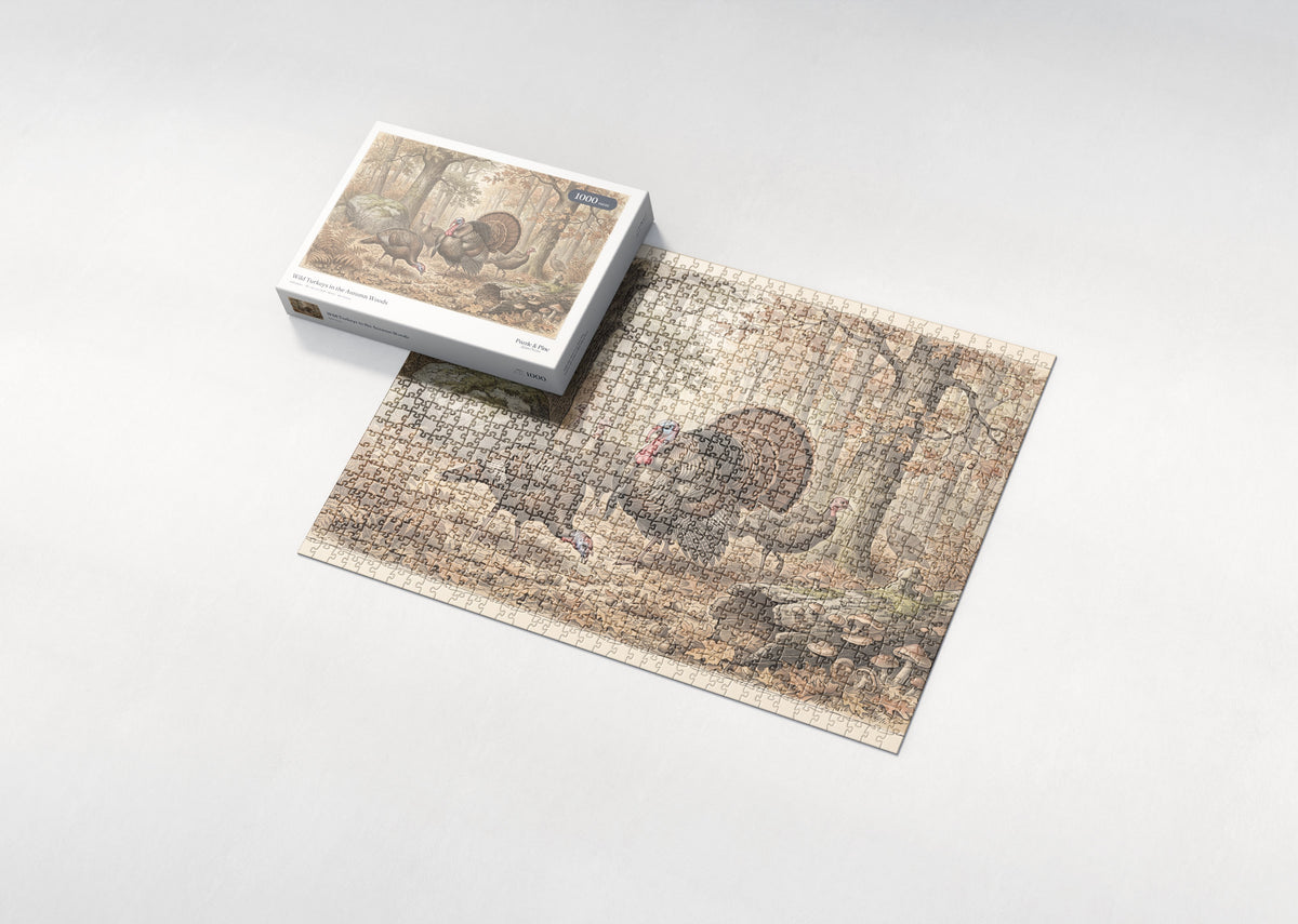 Wild Turkeys in the Autumn Woods jigsaw puzzle - box and puzzle