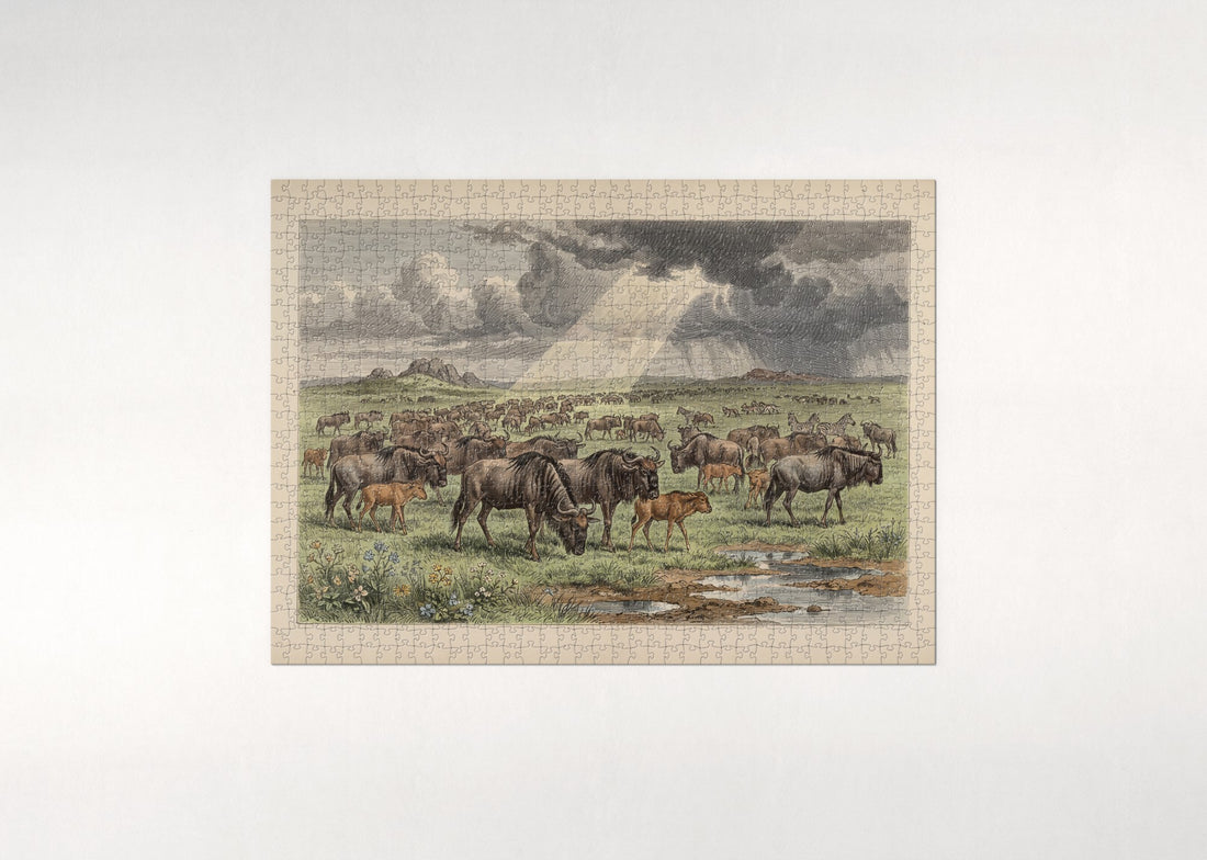 Wildebeest Herd Under the Storm Clouds jigsaw puzzle - gift box