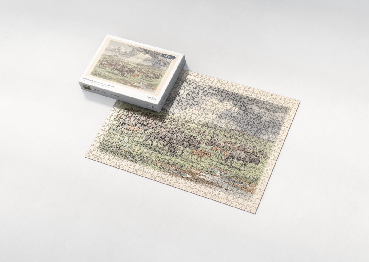 Wildebeest Herd Under the Storm Clouds jigsaw puzzle - box and puzzle