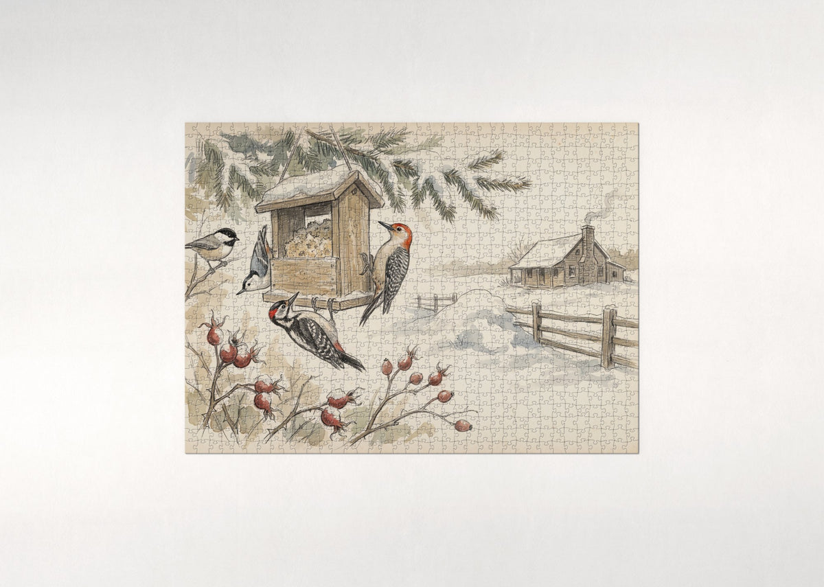 Winter Birds at the Suet Feeder jigsaw puzzle - flat puzzle