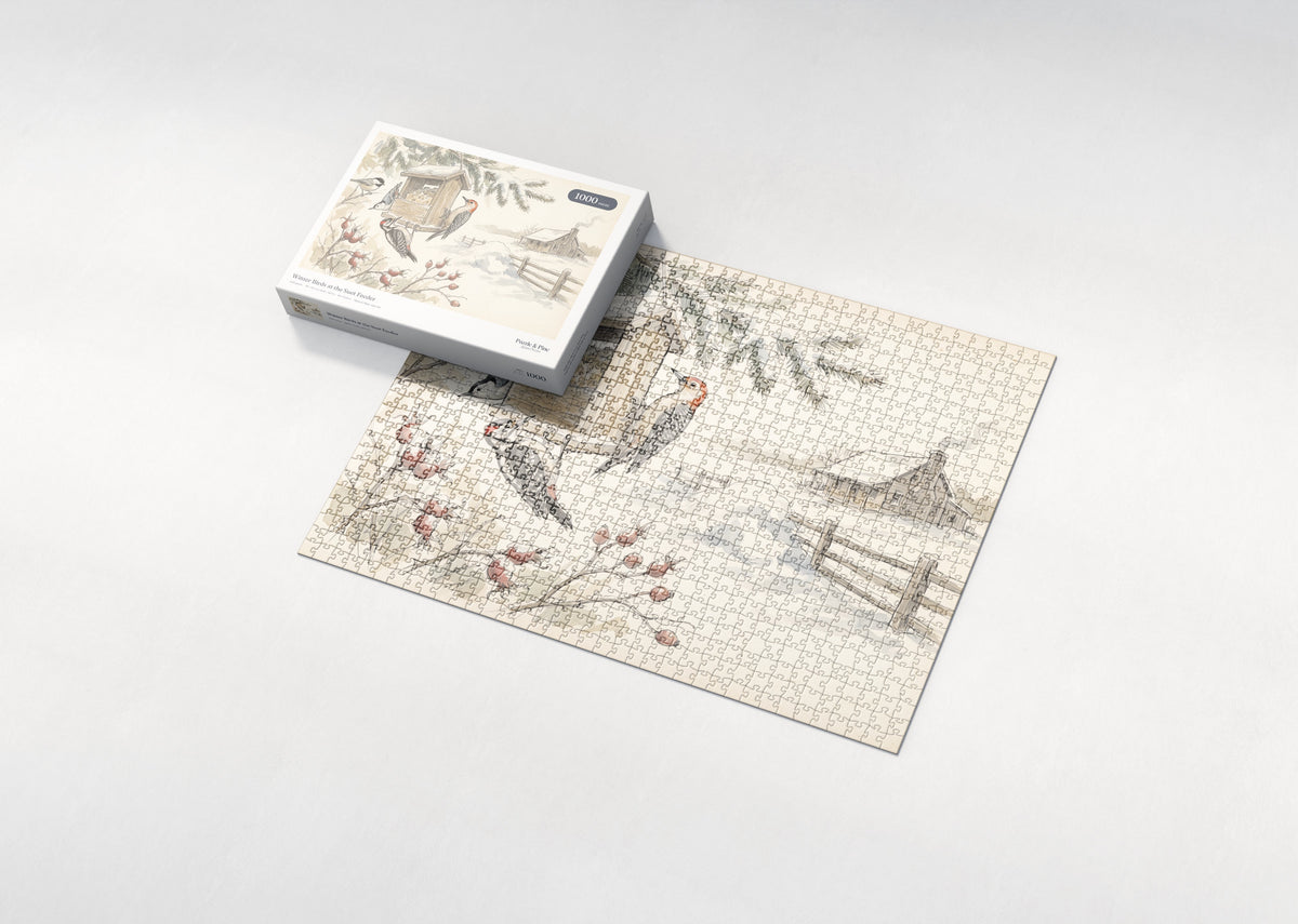 Winter Birds at the Suet Feeder jigsaw puzzle - box and puzzle