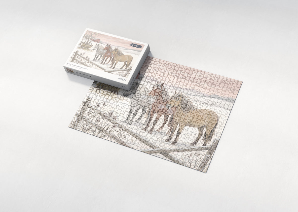 Winter Horses with Frosted Manes jigsaw puzzle - box and puzzle