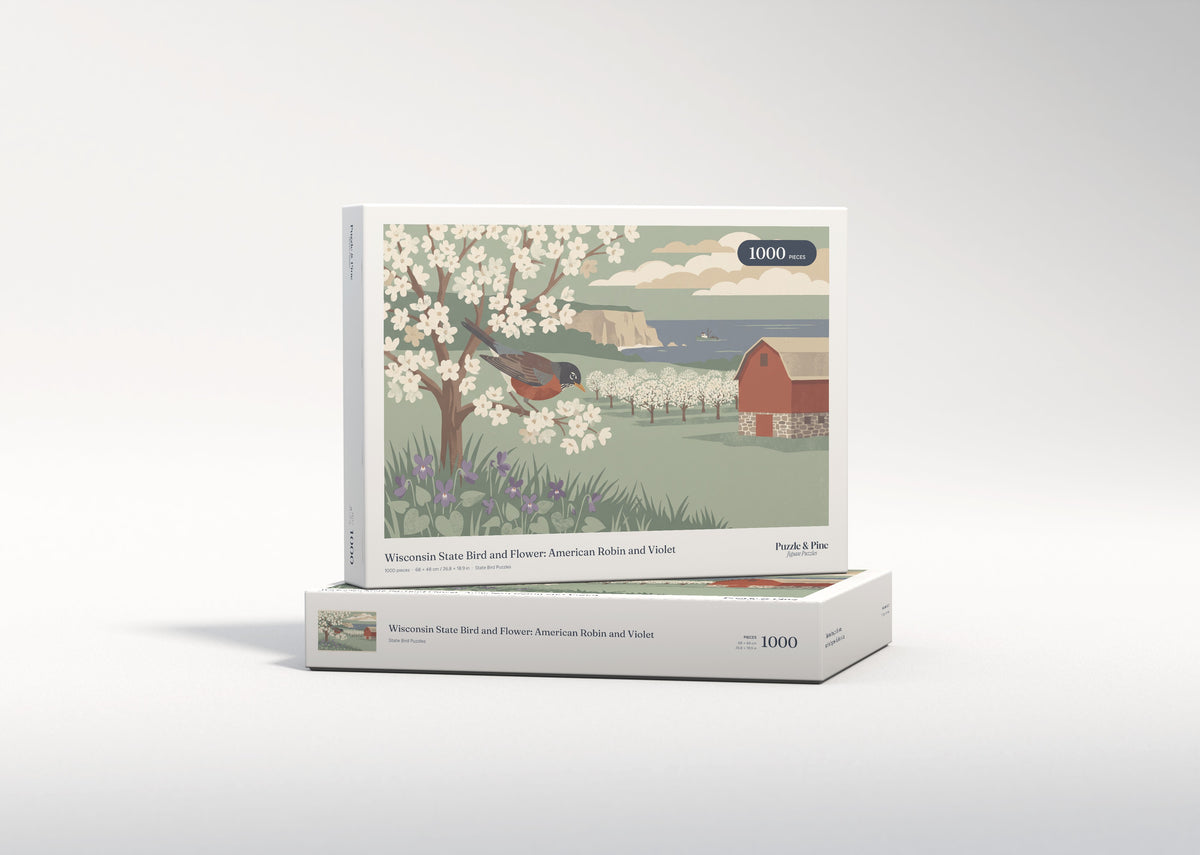 Wisconsin State Bird and Flower: American Robin and Violet jigsaw puzzle - gift box