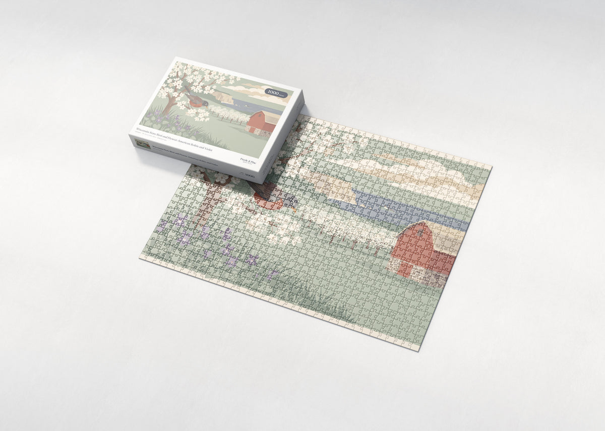 Wisconsin State Bird and Flower: American Robin and Violet jigsaw puzzle - box and puzzle