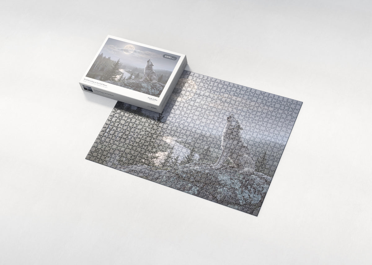 Wolf Howling at the Full Moon jigsaw puzzle - box and puzzle