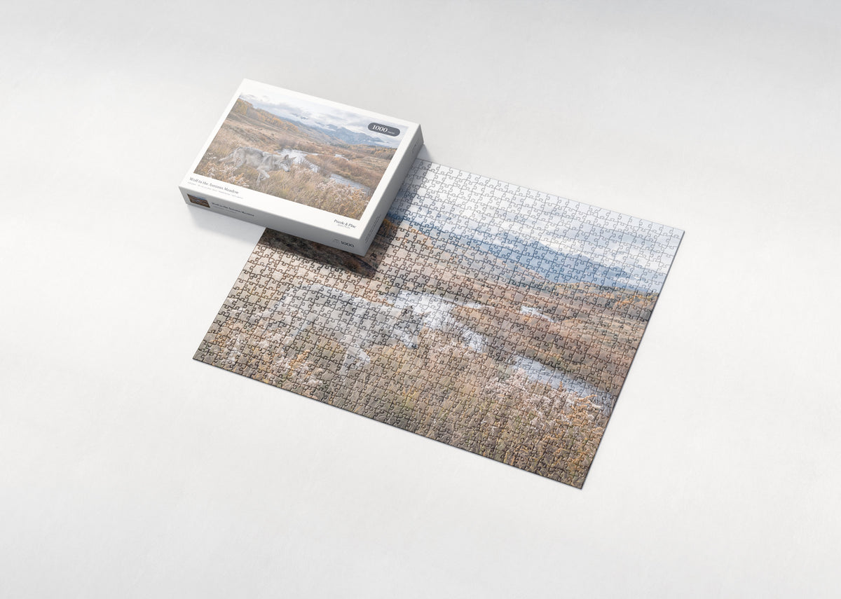 Wolf in the Autumn Meadow jigsaw puzzle - box and puzzle