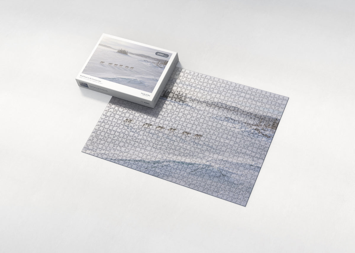 Wolf Pack at the Frozen Lake jigsaw puzzle - box and puzzle
