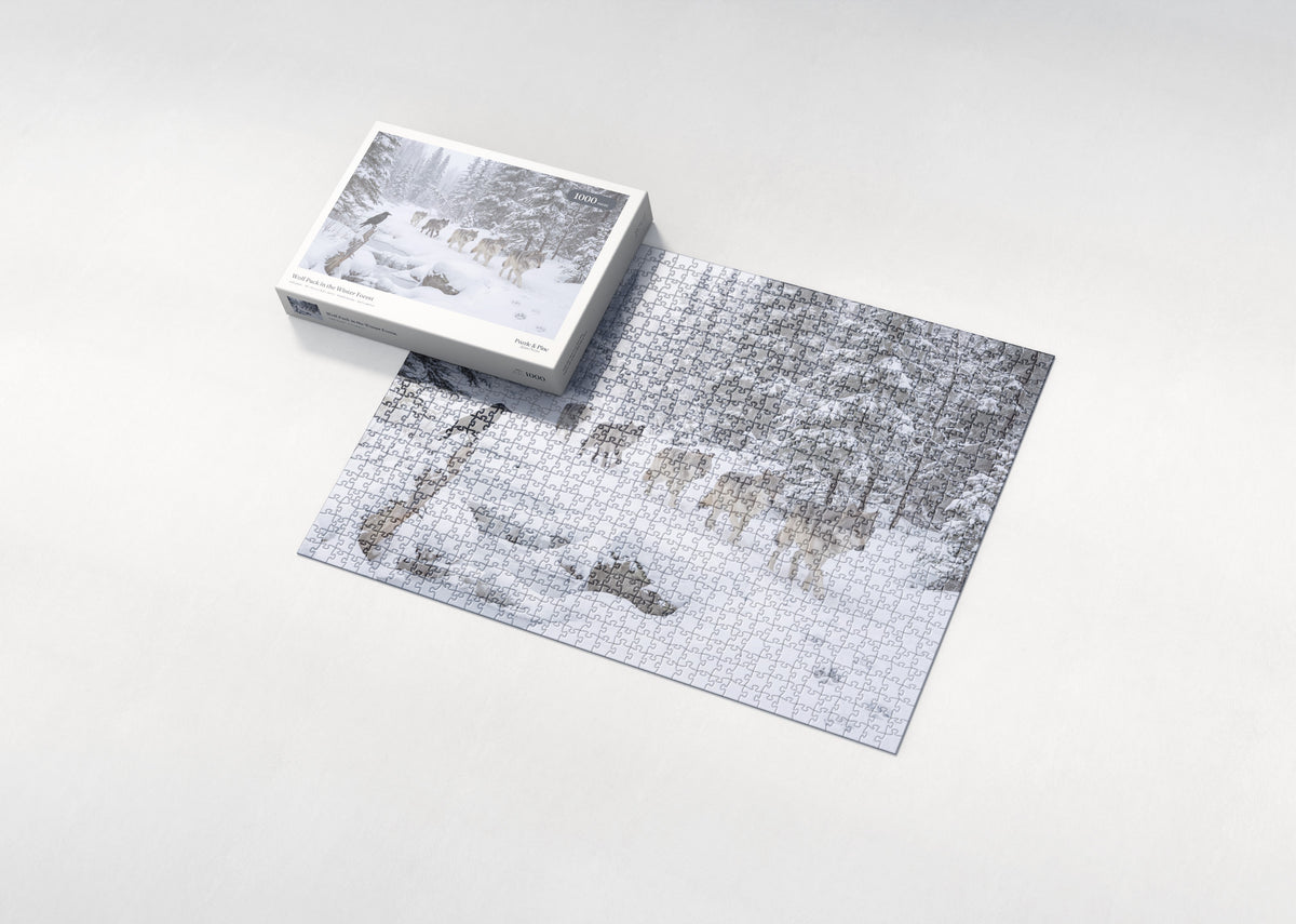 Wolf Pack in the Winter Forest jigsaw puzzle - box and puzzle