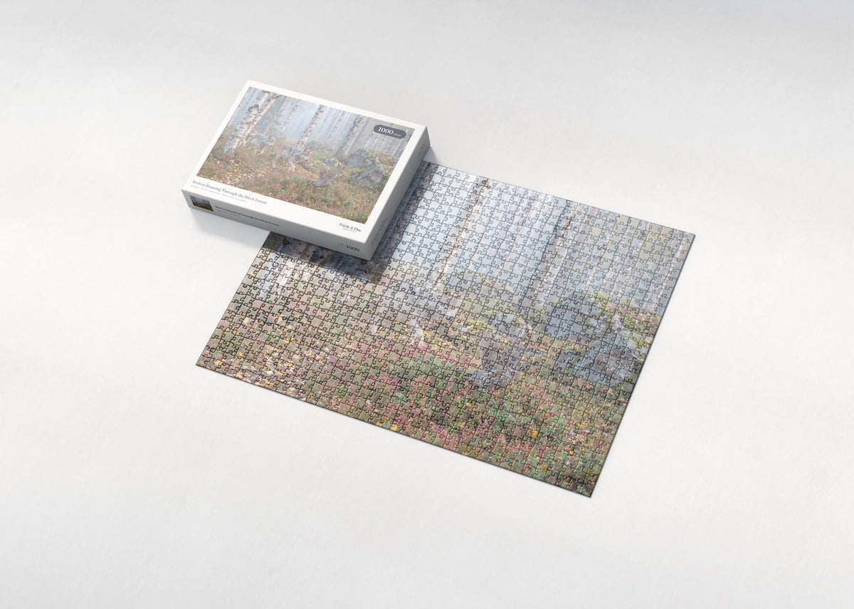 Wolves Running Through the Birch Forest jigsaw puzzle - box and puzzle