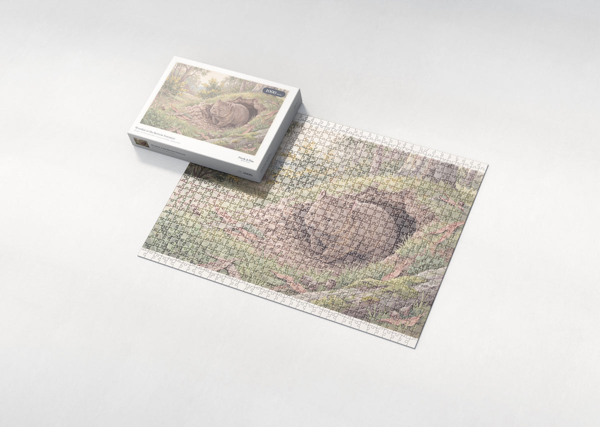 Wombat at the Burrow Entrance jigsaw puzzle - box and puzzle