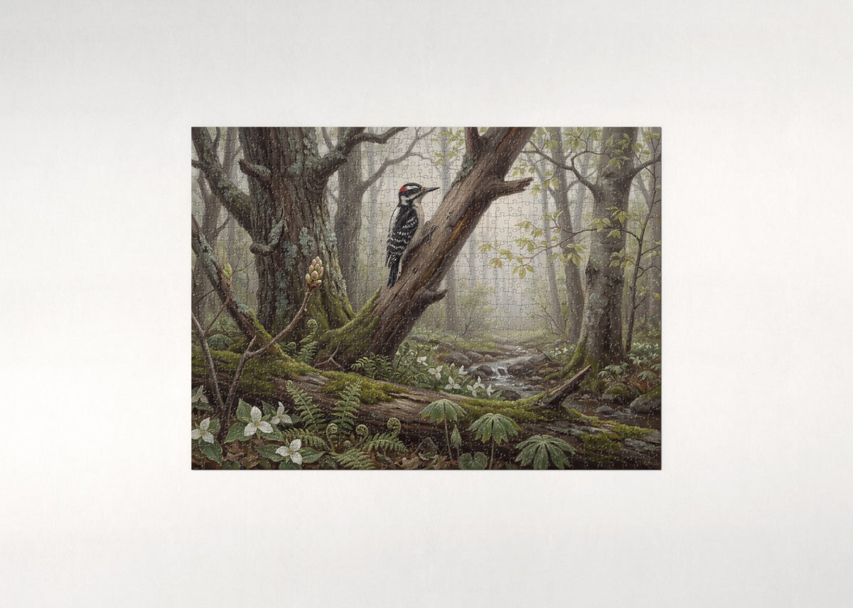 Woodpecker Drumming in the Spring Forest jigsaw puzzle - flat puzzle