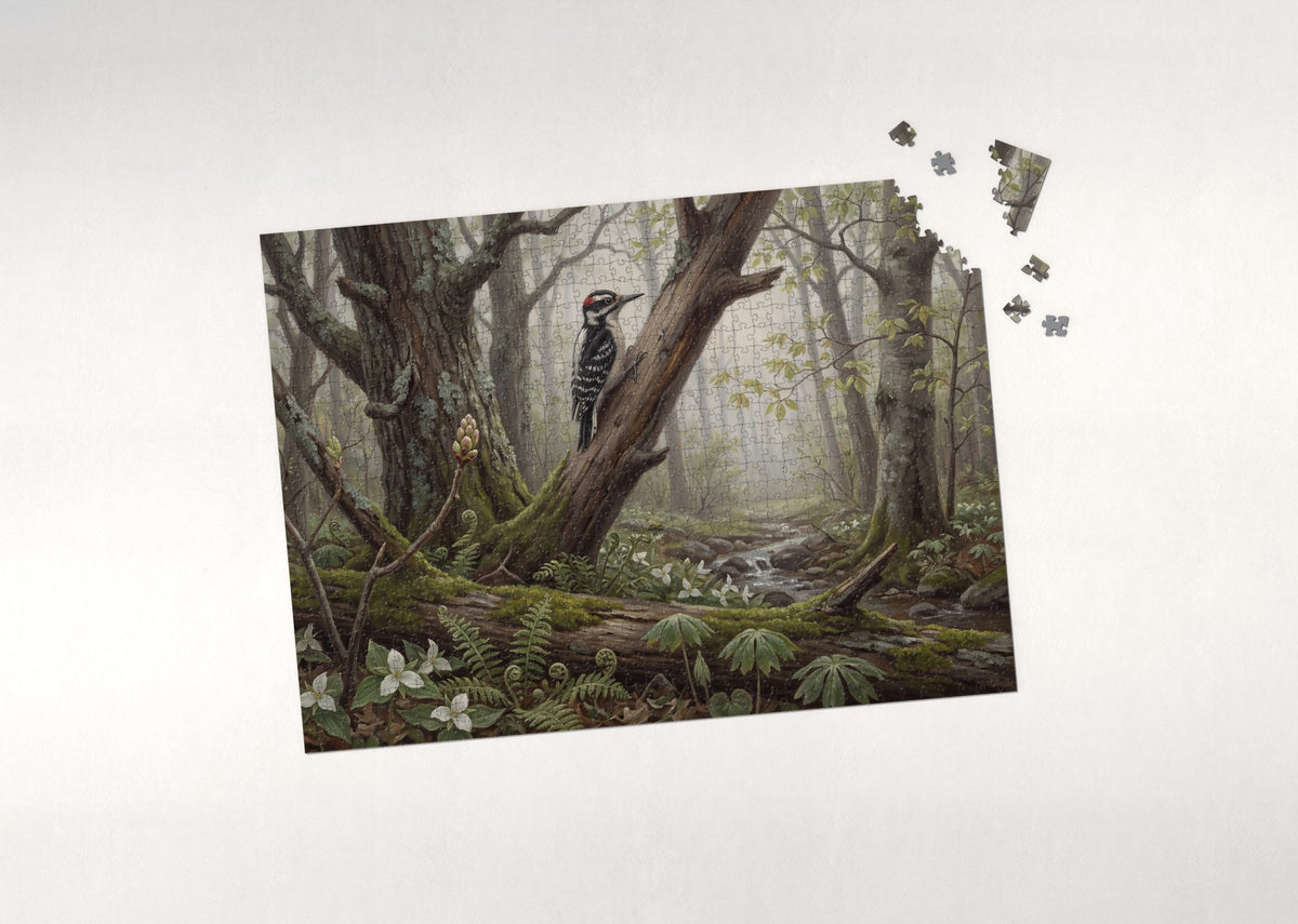 Woodpecker Drumming in the Spring Forest jigsaw puzzle - puzzle with loose pieces