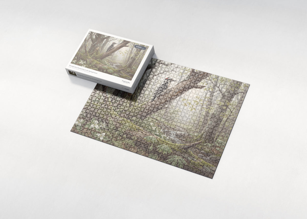 Woodpecker Drumming in the Spring Forest jigsaw puzzle - box and puzzle