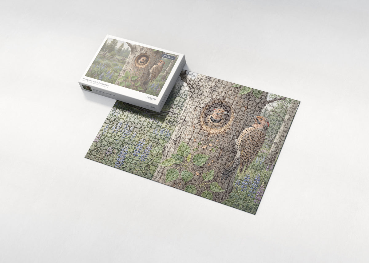Woodpecker Pair at the Nest Hole jigsaw puzzle - box and puzzle
