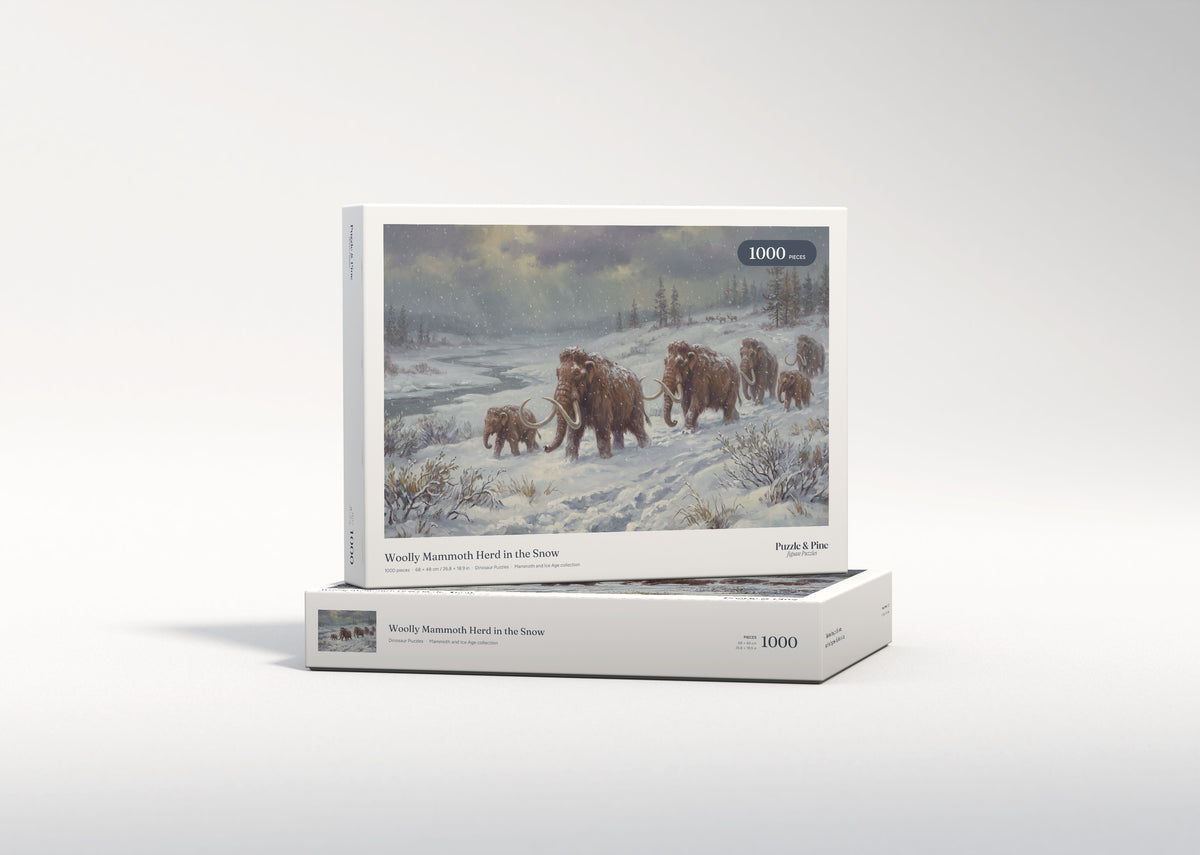 Woolly Mammoth Herd in the Snow jigsaw puzzle - gift box