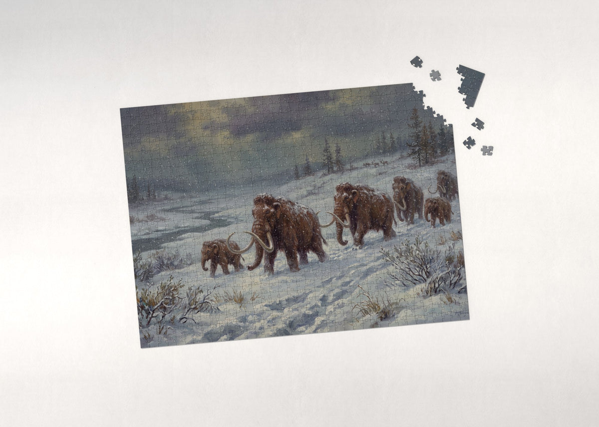 Woolly Mammoth Herd in the Snow jigsaw puzzle - puzzle with loose pieces