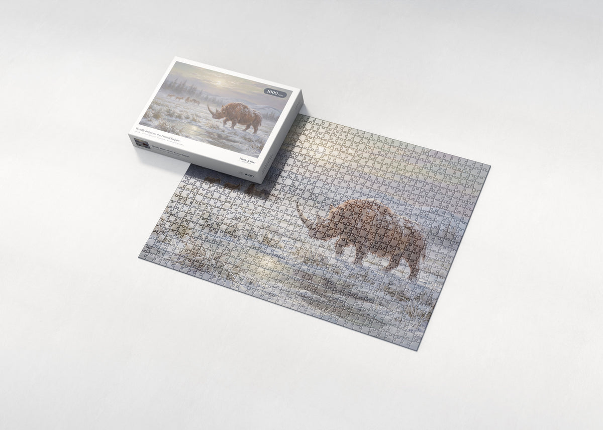 Woolly Rhino on the Frozen Steppe jigsaw puzzle - box and puzzle