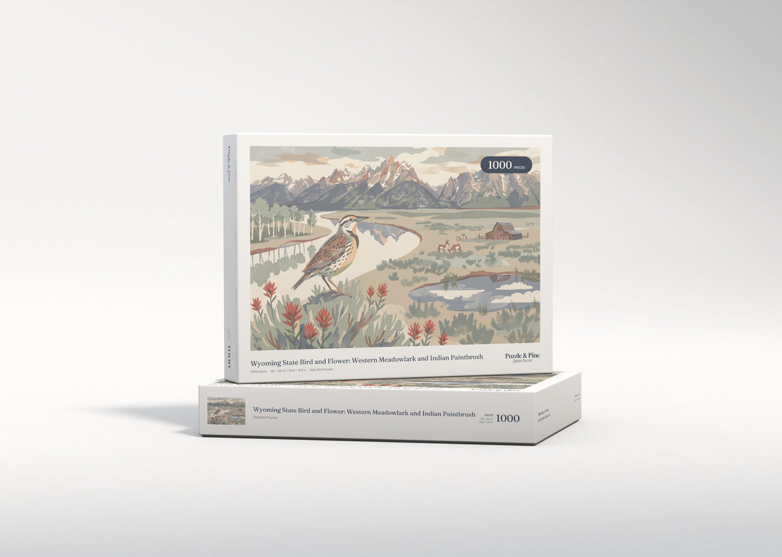 Wyoming State Bird and Flower: Western Meadowlark and Indian Paintbrush jigsaw puzzle - gift box