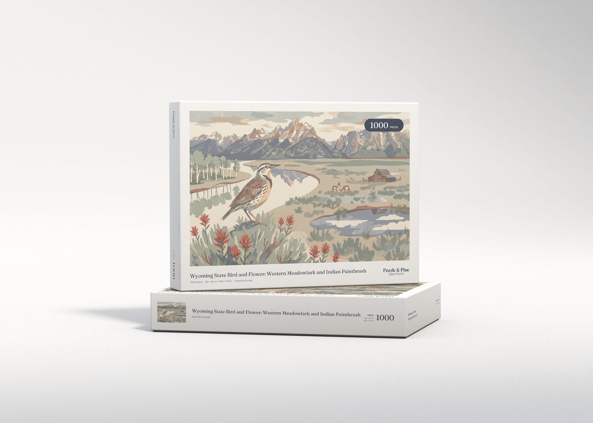 Wyoming State Bird and Flower: Western Meadowlark and Indian Paintbrush jigsaw puzzle - gift box