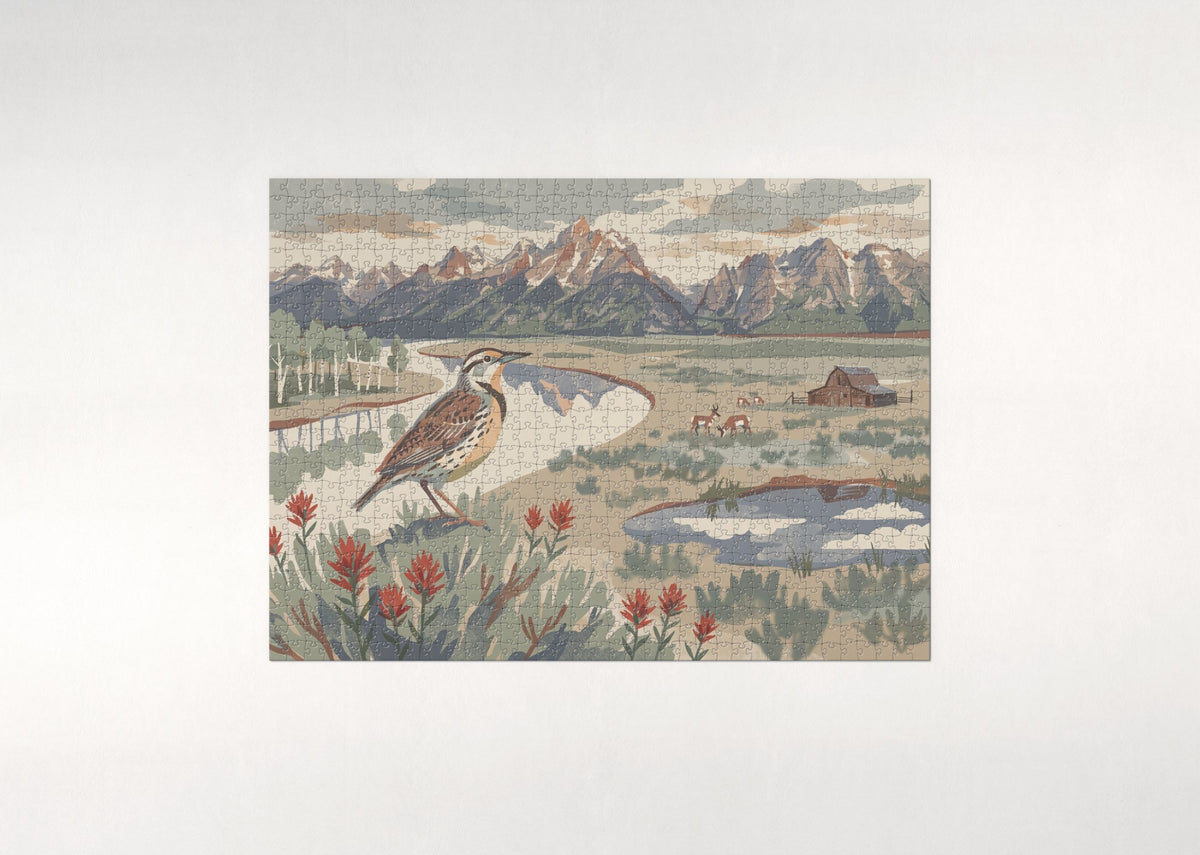 Wyoming State Bird and Flower: Western Meadowlark and Indian Paintbrush jigsaw puzzle - flat puzzle