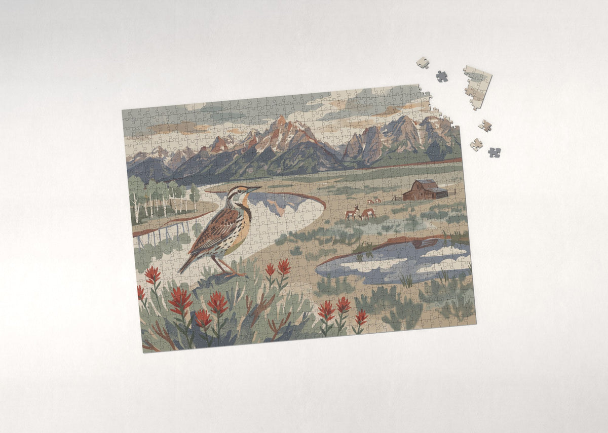 Wyoming State Bird and Flower: Western Meadowlark and Indian Paintbrush jigsaw puzzle - puzzle with loose pieces