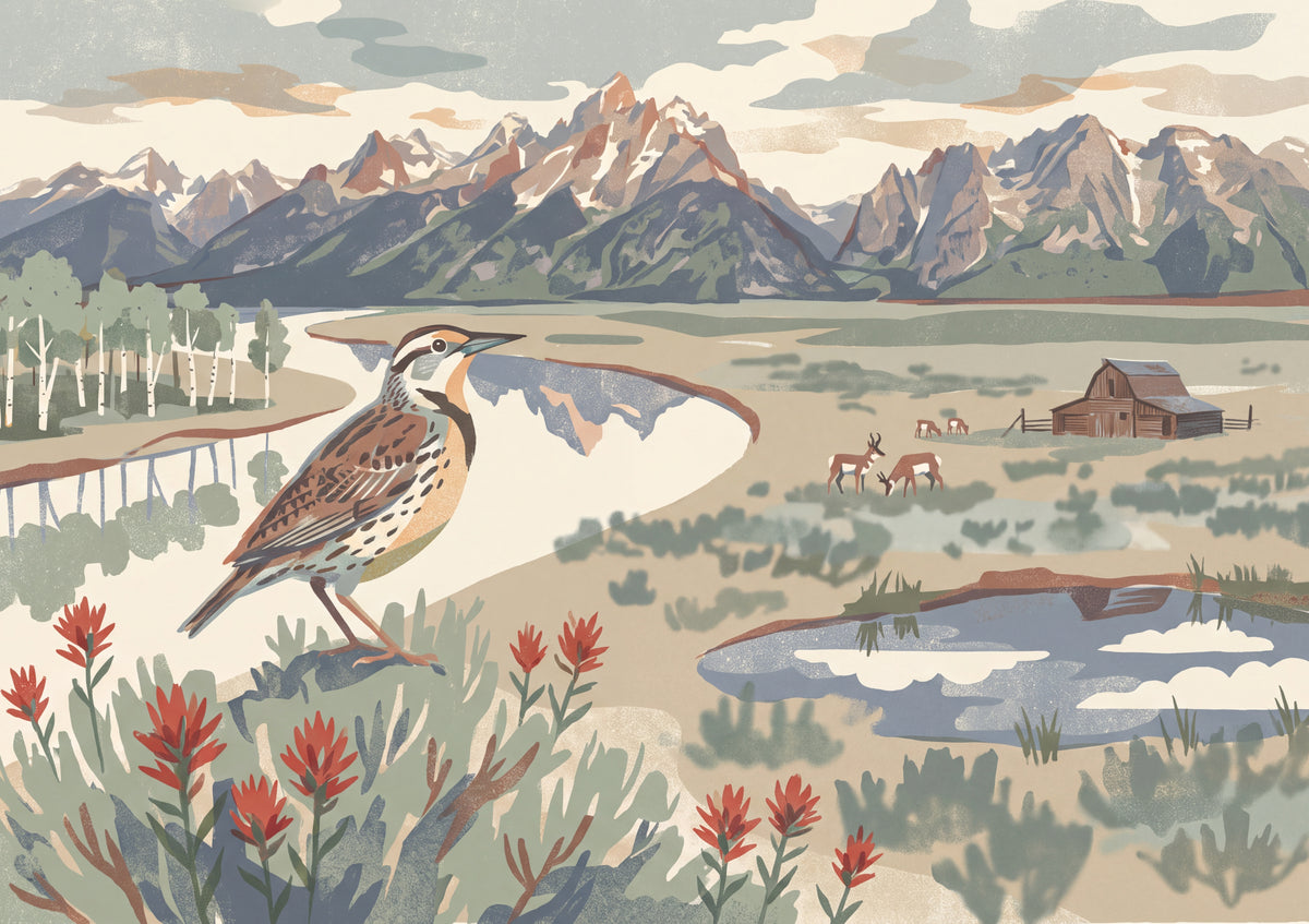 Wyoming State Bird and Flower: Western Meadowlark and Indian Paintbrush jigsaw puzzle