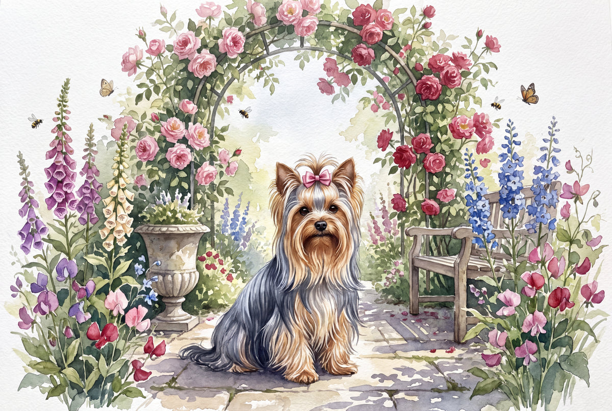 Yorkie by the Rose Trellis jigsaw puzzle