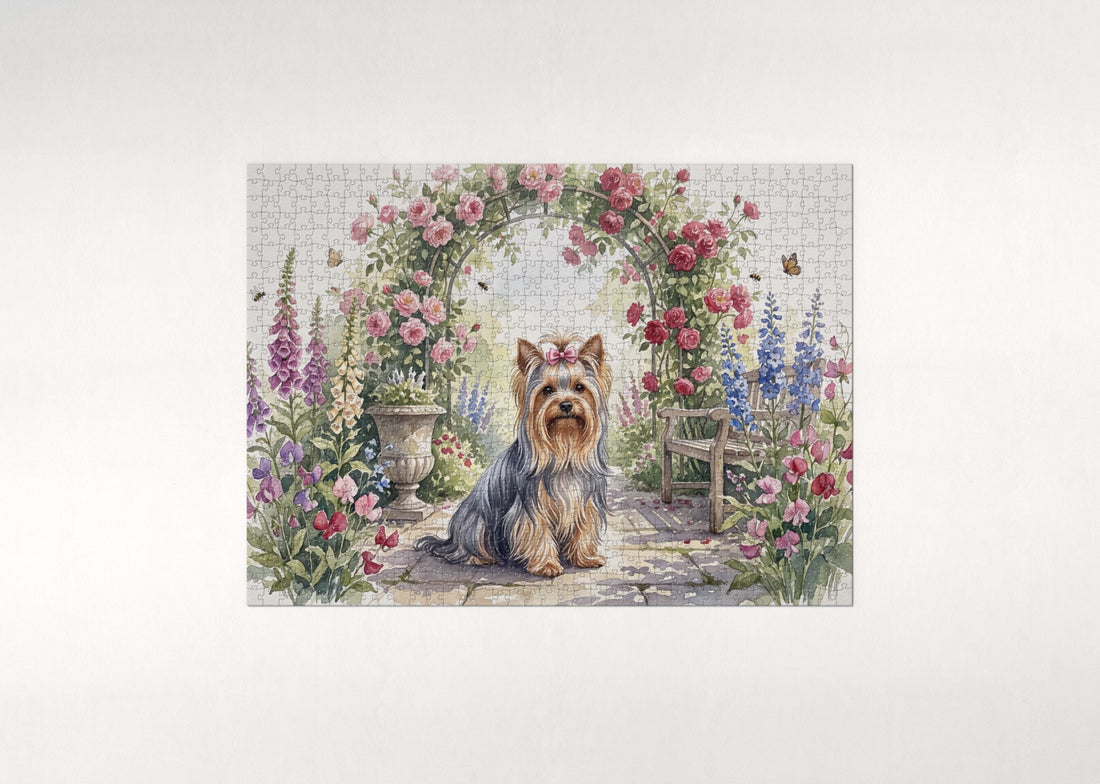 Yorkie by the Rose Trellis jigsaw puzzle - gift box