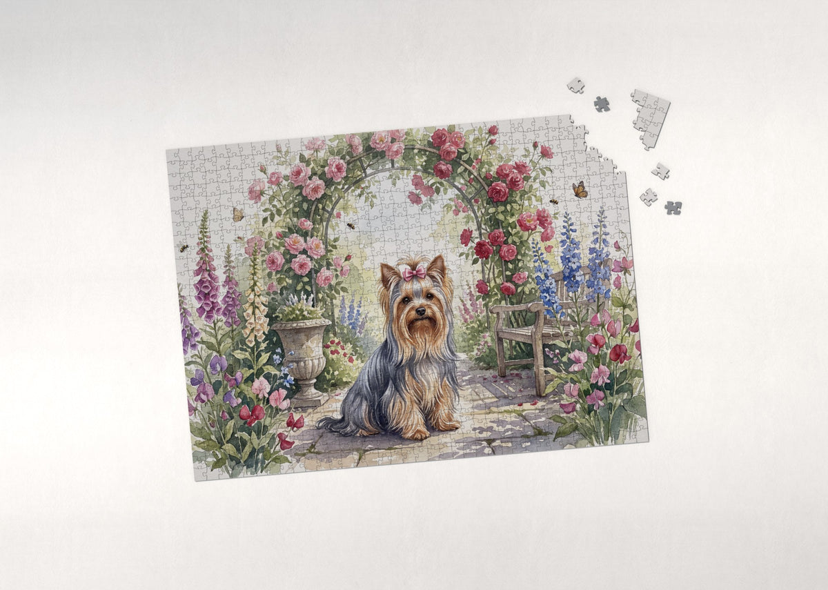 Yorkie by the Rose Trellis jigsaw puzzle - puzzle with loose pieces
