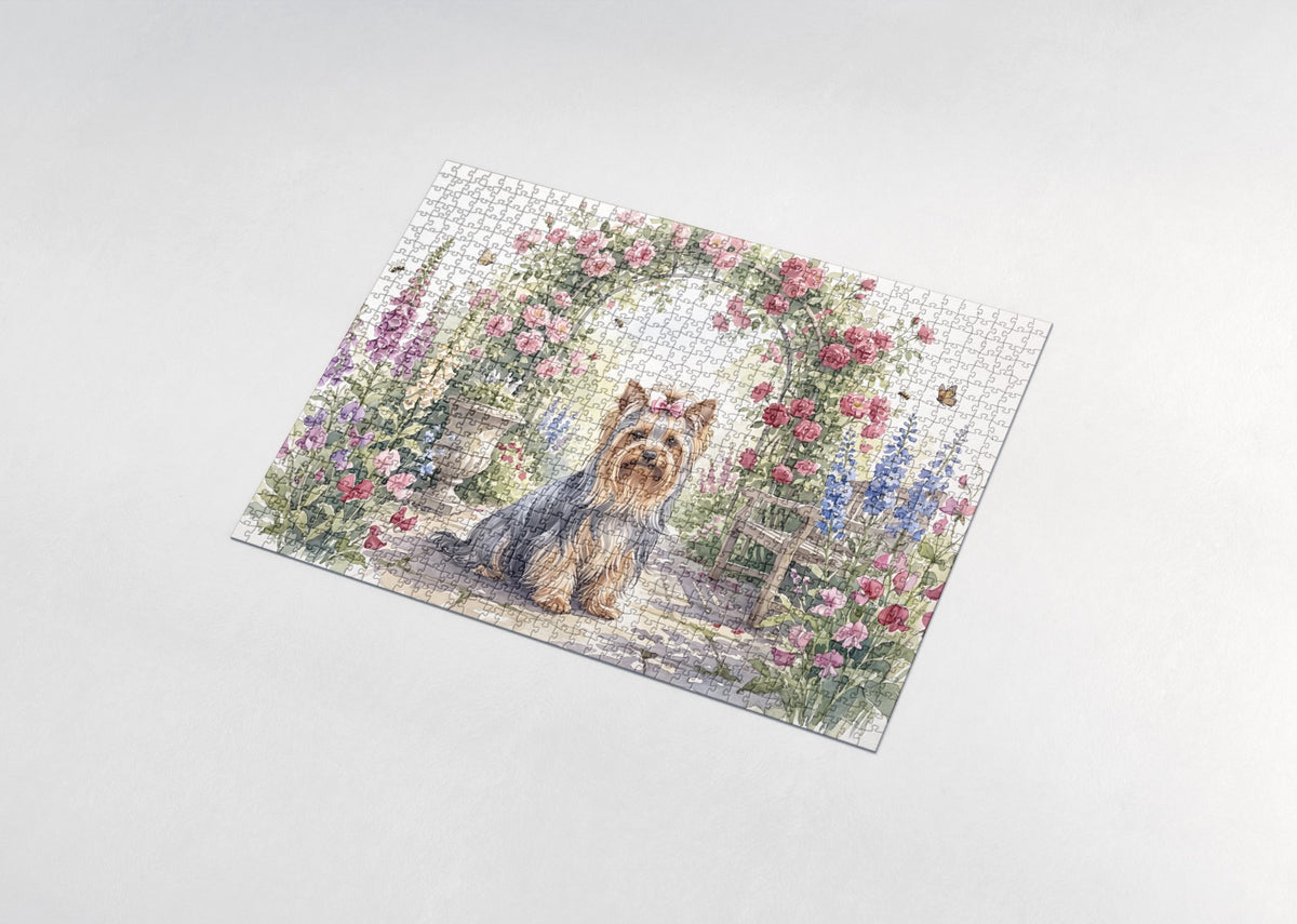 Yorkie by the Rose Trellis jigsaw puzzle - assembled puzzle