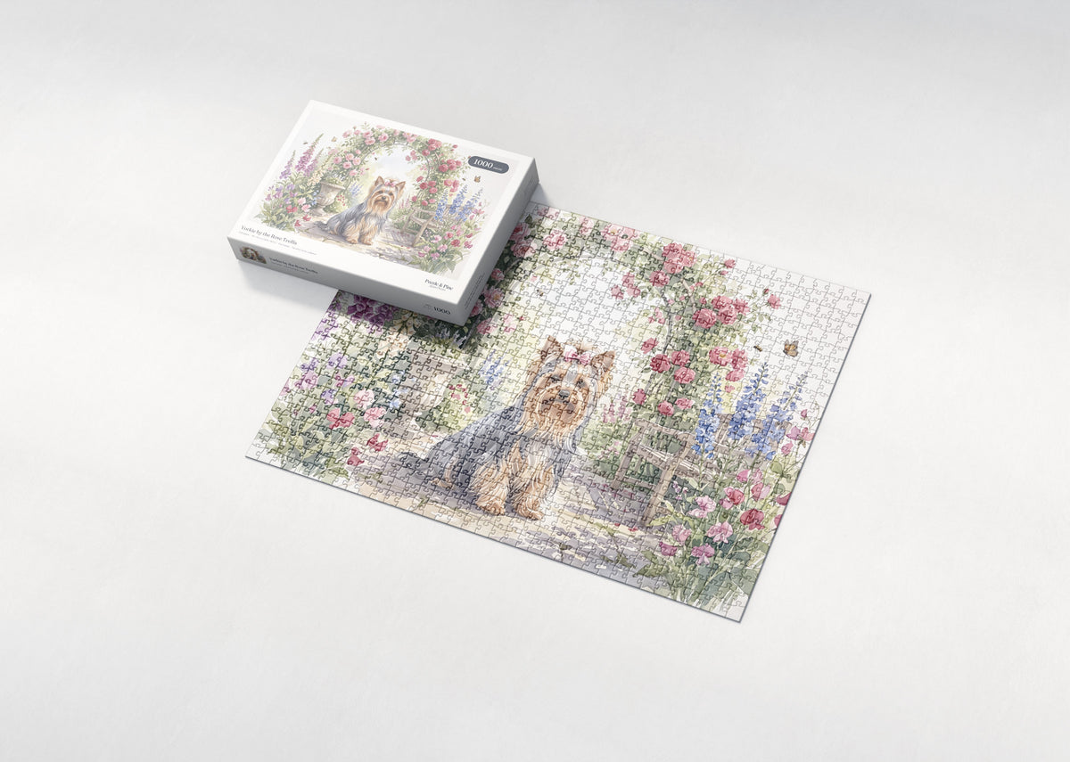 Yorkie by the Rose Trellis jigsaw puzzle - box and puzzle