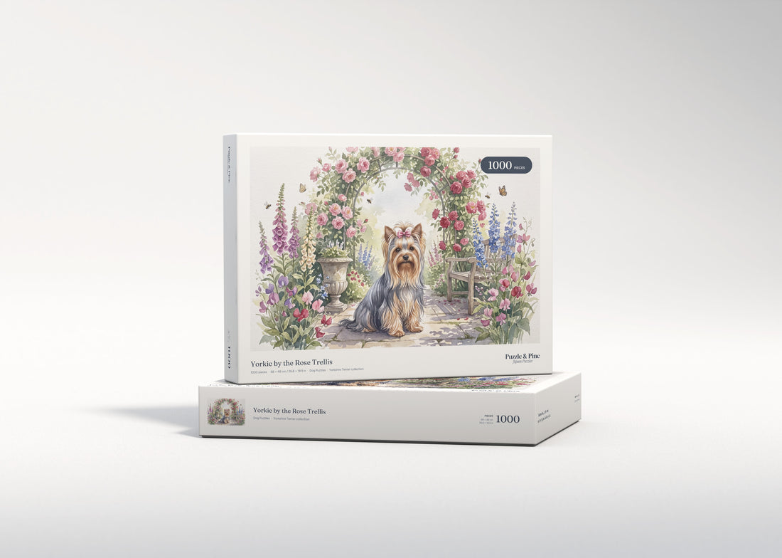 Yorkie by the Rose Trellis jigsaw puzzle - gift box