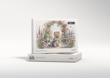 Yorkie by the Rose Trellis jigsaw puzzle - gift box