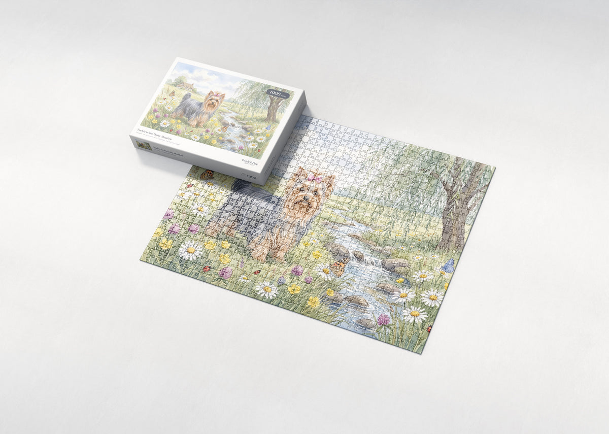 Yorkie in the Daisy Meadow jigsaw puzzle - box and puzzle