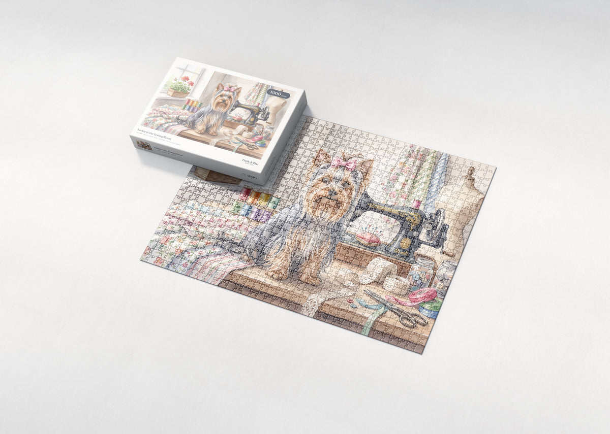 Yorkie in the Sewing Room jigsaw puzzle - box and puzzle