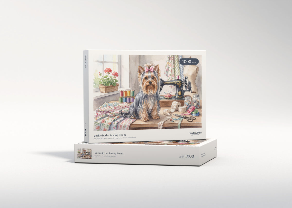 Yorkie in the Sewing Room jigsaw puzzle - gift box