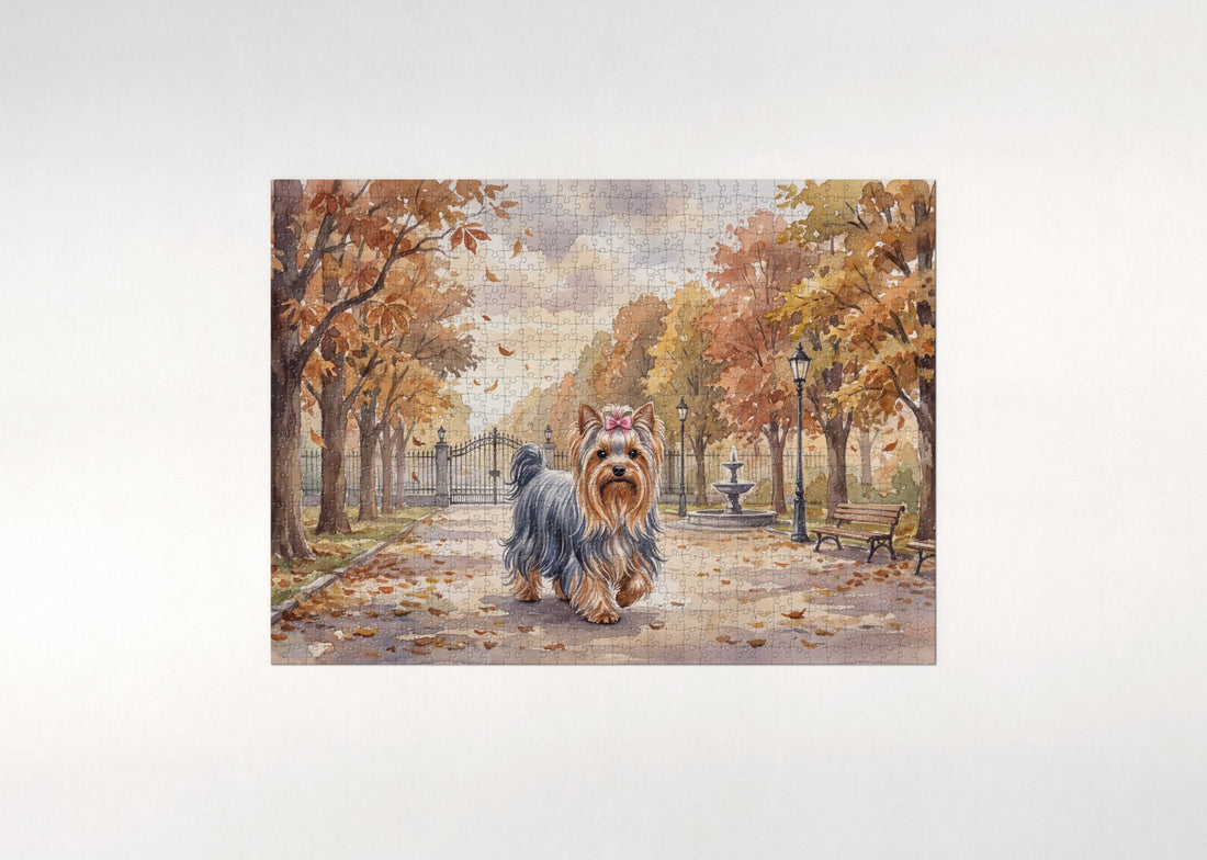 Yorkie on the Autumn Park Stroll jigsaw puzzle - gift box